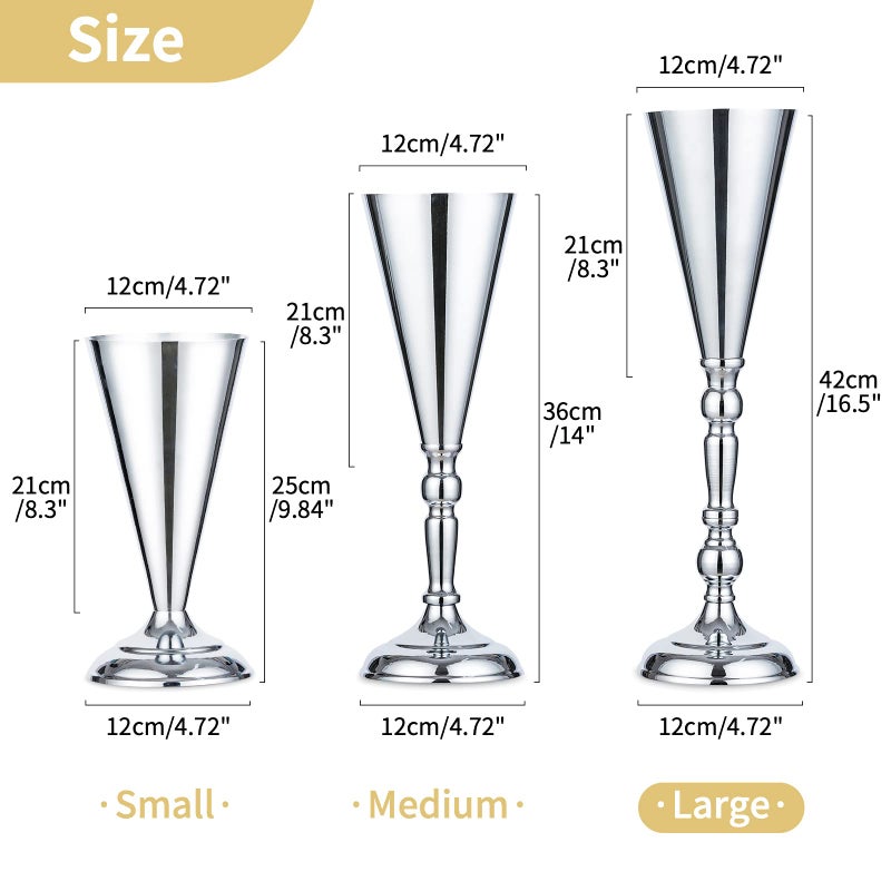 NUPTIO 10 Pcs Tabletop Silver Metal Wedding Flower Trumpet Vase, 16.5 inch Table Decorative Centerpiece Artificial Flower Arrangements for Anniversary Ceremony Party Birthday Event Home Decoration (Silver) - Image 4